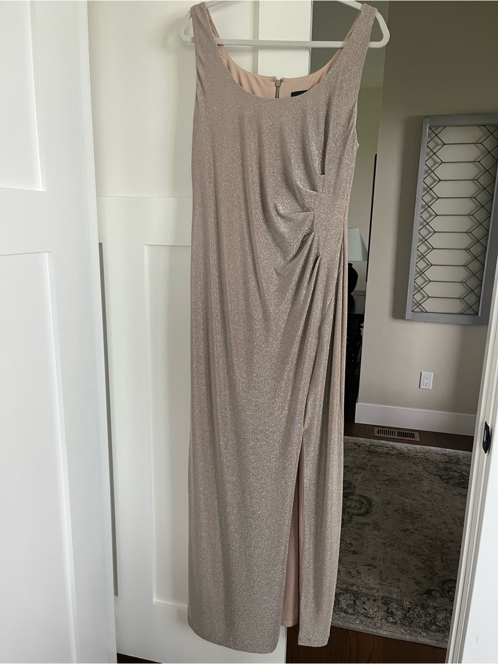 Adrianna Papell gold, stretchy, Shimmery Taupe Evening Dress